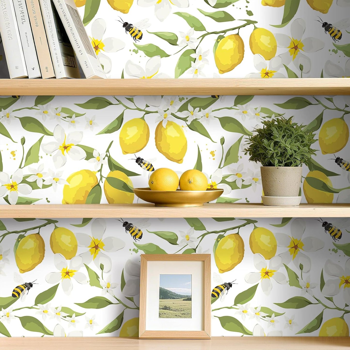Yellow Watercolor Lemon Wallpaper White Floral Contact Paper Peel and Stick Bee Green Leaf Wall Paper Prepasted Removable Wallpaper for Bedroom Kids Walls Ktichen Cabinets Waterproof 17.5x118