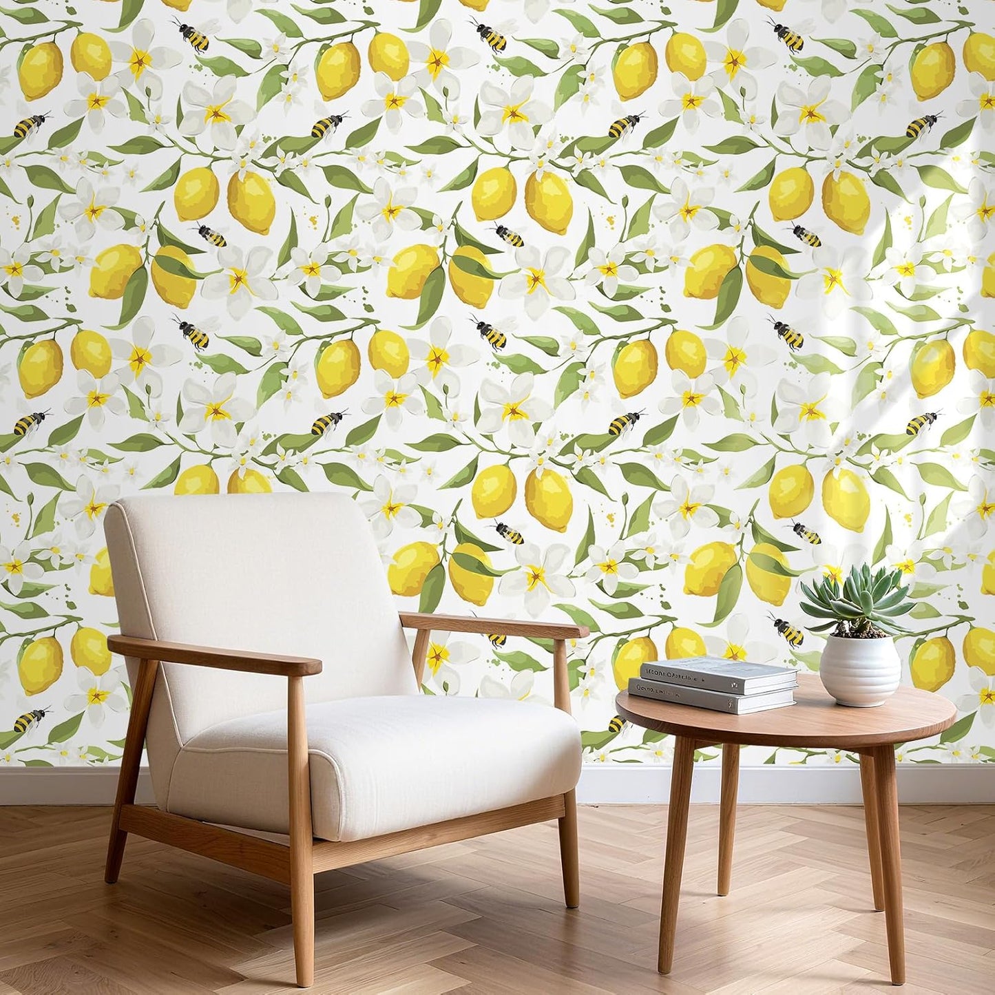 Yellow Watercolor Lemon Wallpaper White Floral Contact Paper Peel and Stick Bee Green Leaf Wall Paper Prepasted Removable Wallpaper for Bedroom Kids Walls Ktichen Cabinets Waterproof 17.5x118