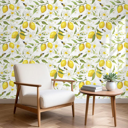 Yellow Watercolor Lemon Wallpaper White Floral Contact Paper Peel and Stick Bee Green Leaf Wall Paper Prepasted Removable Wallpaper for Bedroom Kids Walls Ktichen Cabinets Waterproof 17.5x118