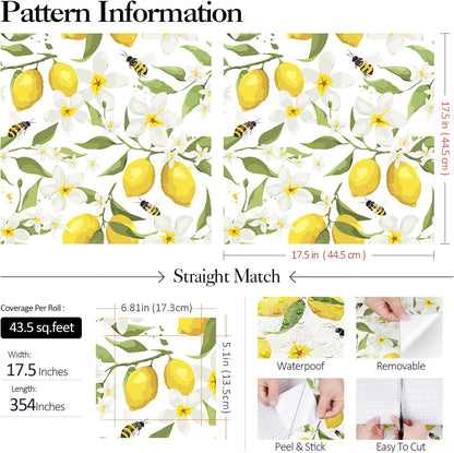 Yellow Watercolor Lemon Wallpaper White Floral Contact Paper Peel and Stick Bee Green Leaf Wall Paper Prepasted Removable Wallpaper for Bedroom Kids Walls Ktichen Cabinets Waterproof 17.5x118