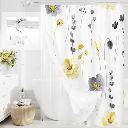 3 in 1 Shower Curtain Set, Yellow Watercolor Floral Bath Curtain and PEVA Liner Set with 12 Double Sided Steel Hooks, Waterproof Fabric Bathroom Curtain 72x72