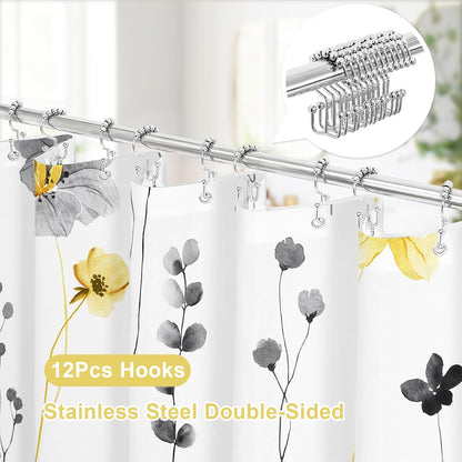 3 in 1 Shower Curtain Set, Yellow Watercolor Floral Bath Curtain and PEVA Liner Set with 12 Double Sided Steel Hooks, Waterproof Fabric Bathroom Curtain 72x72