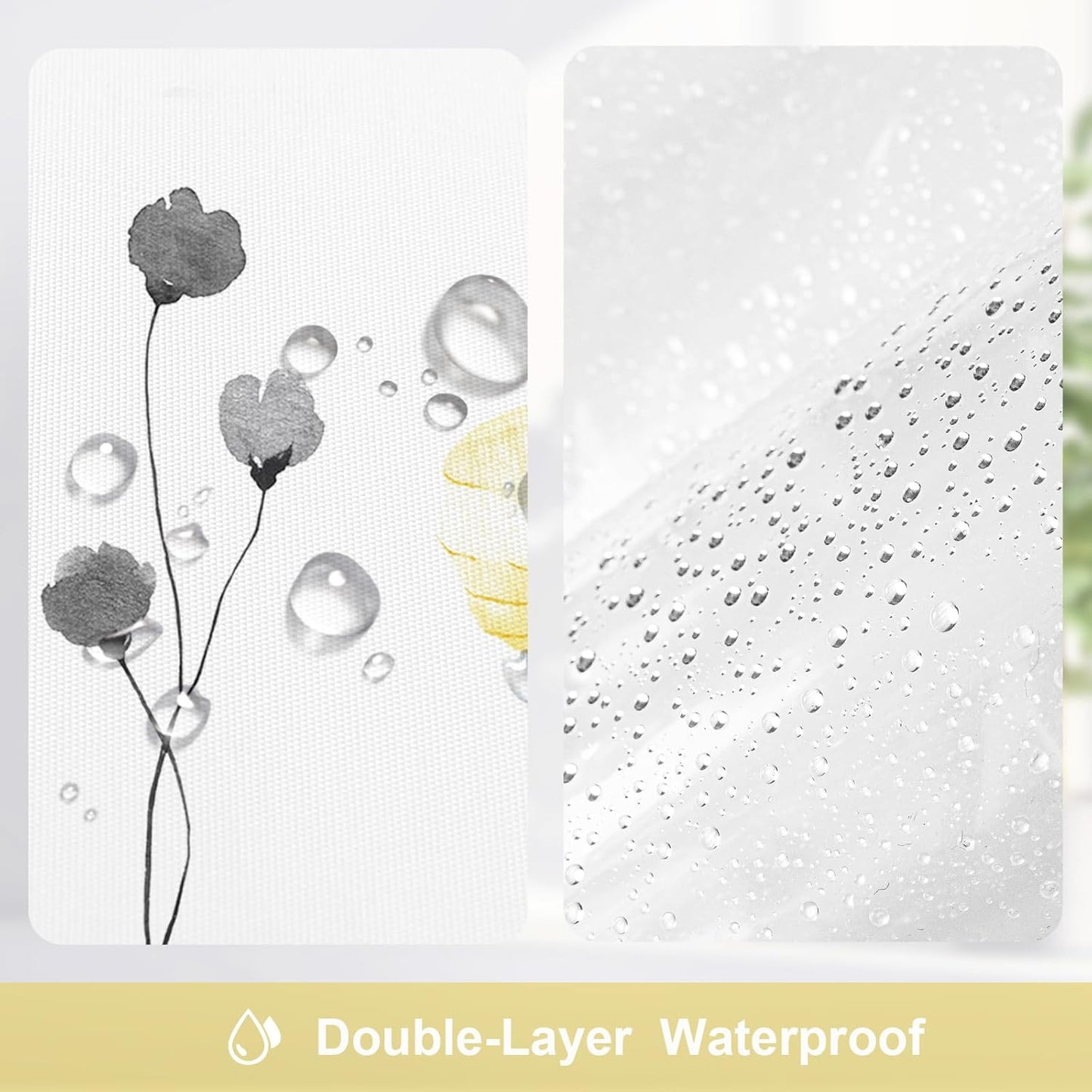 3 in 1 Shower Curtain Set, Yellow Watercolor Floral Bath Curtain and PEVA Liner Set with 12 Double Sided Steel Hooks, Waterproof Fabric Bathroom Curtain 72x72