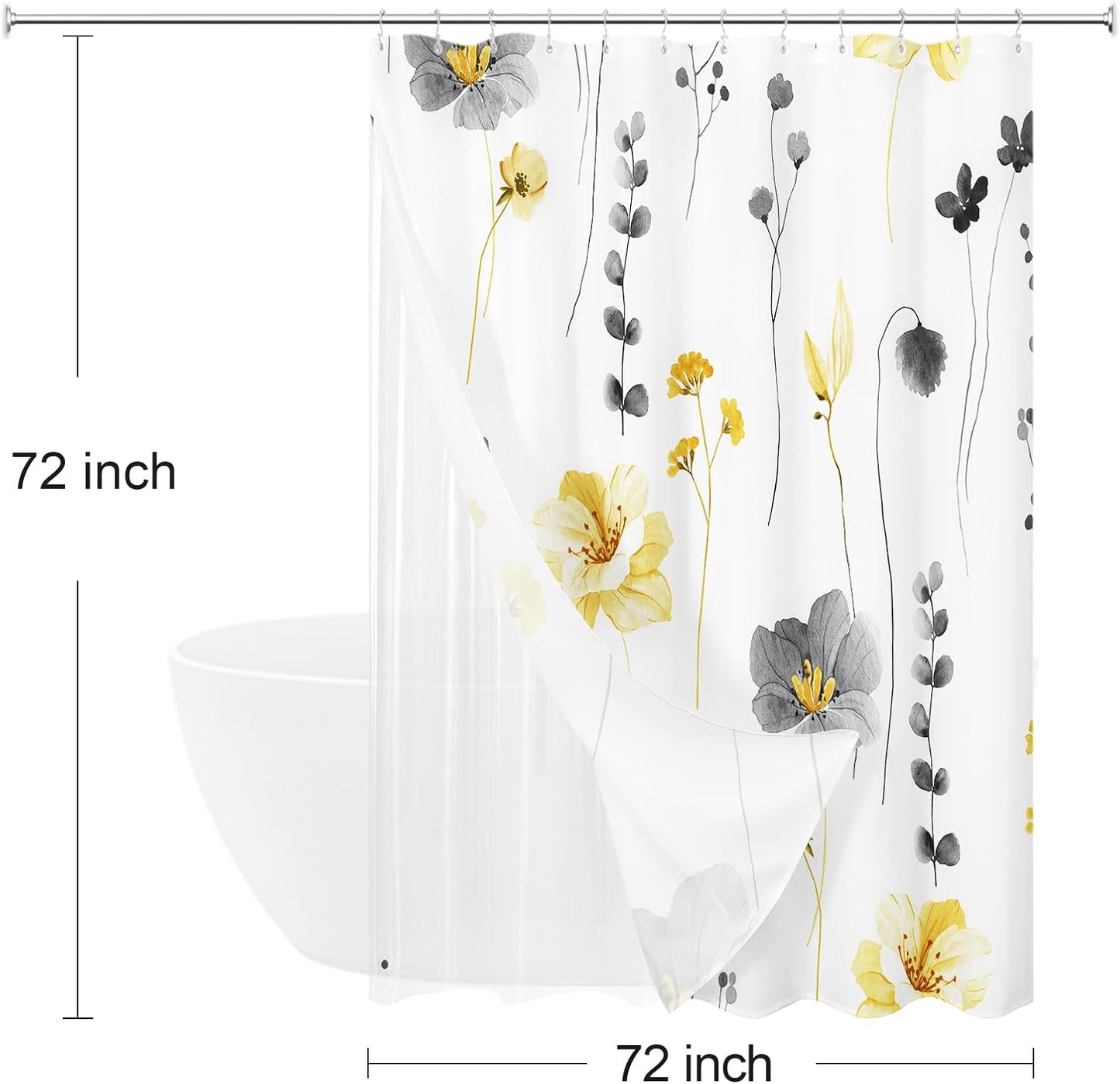 3 in 1 Shower Curtain Set, Yellow Watercolor Floral Bath Curtain and PEVA Liner Set with 12 Double Sided Steel Hooks, Waterproof Fabric Bathroom Curtain 72x72