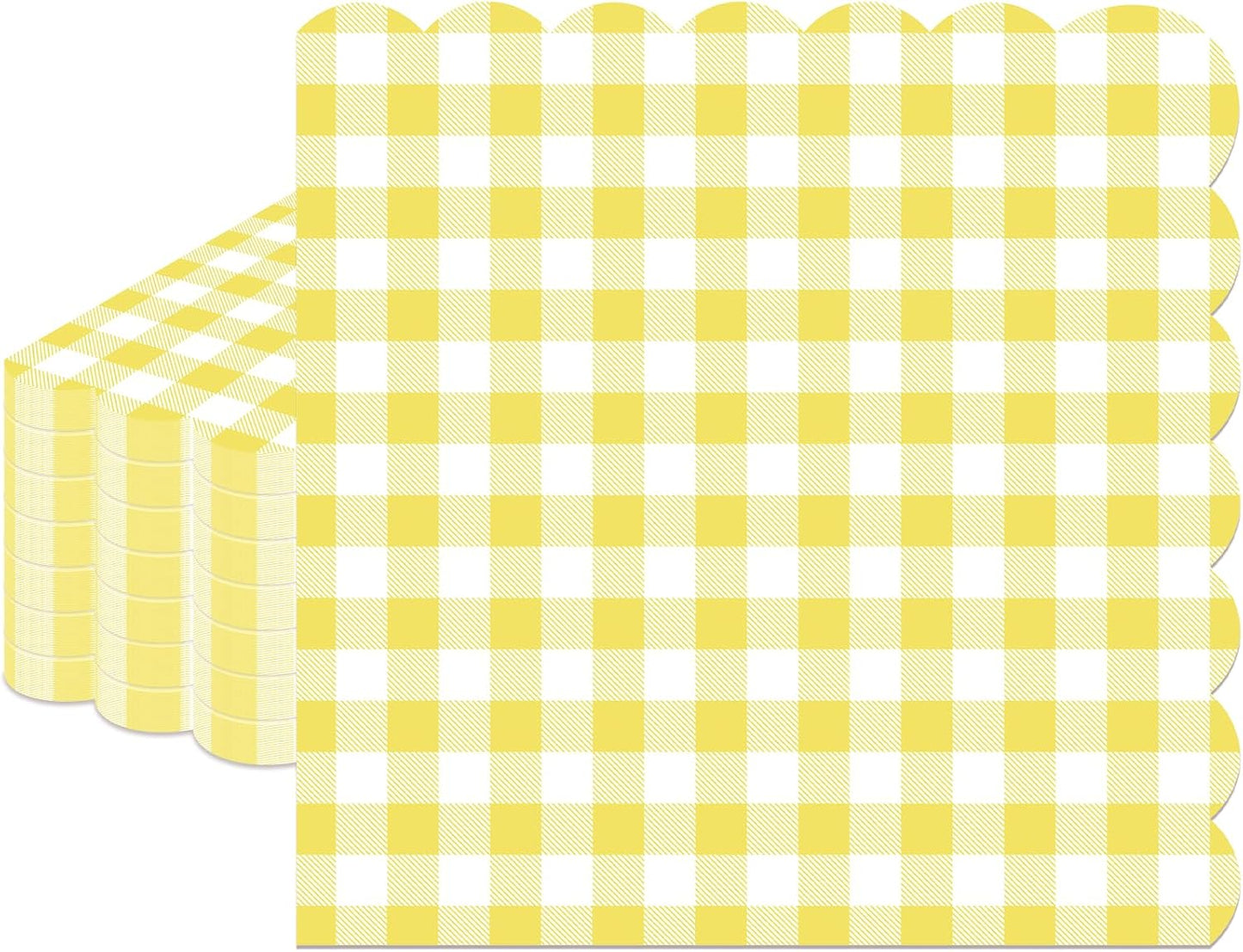 100 Pcs Yellow Gingham Napkins Disposable, 6.5 Inch Yellow and White Paper Napkins Scalloped Checkered Napkin for Picnic Golf Easter Birthday Wedding Party Supplies