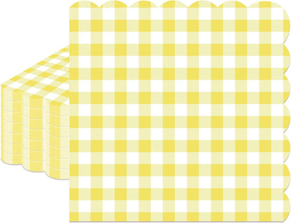 100 Pcs Yellow Gingham Napkins Disposable, 6.5 Inch Yellow and White Paper Napkins Scalloped Checkered Napkin for Picnic Golf Easter Birthday Wedding Party Supplies