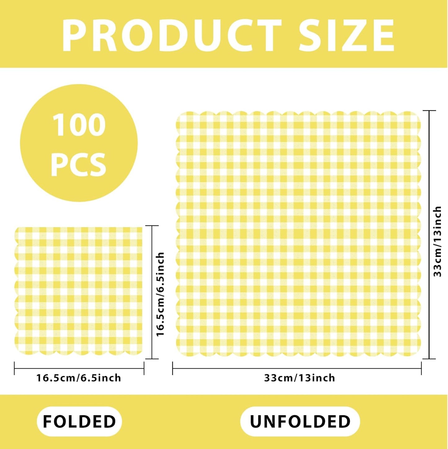 100 Pcs Yellow Gingham Napkins Disposable, 6.5 Inch Yellow and White Paper Napkins Scalloped Checkered Napkin for Picnic Golf Easter Birthday Wedding Party Supplies