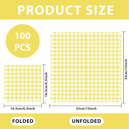 100 Pcs Yellow Gingham Napkins Disposable, 6.5 Inch Yellow and White Paper Napkins Scalloped Checkered Napkin for Picnic Golf Easter Birthday Wedding Party Supplies