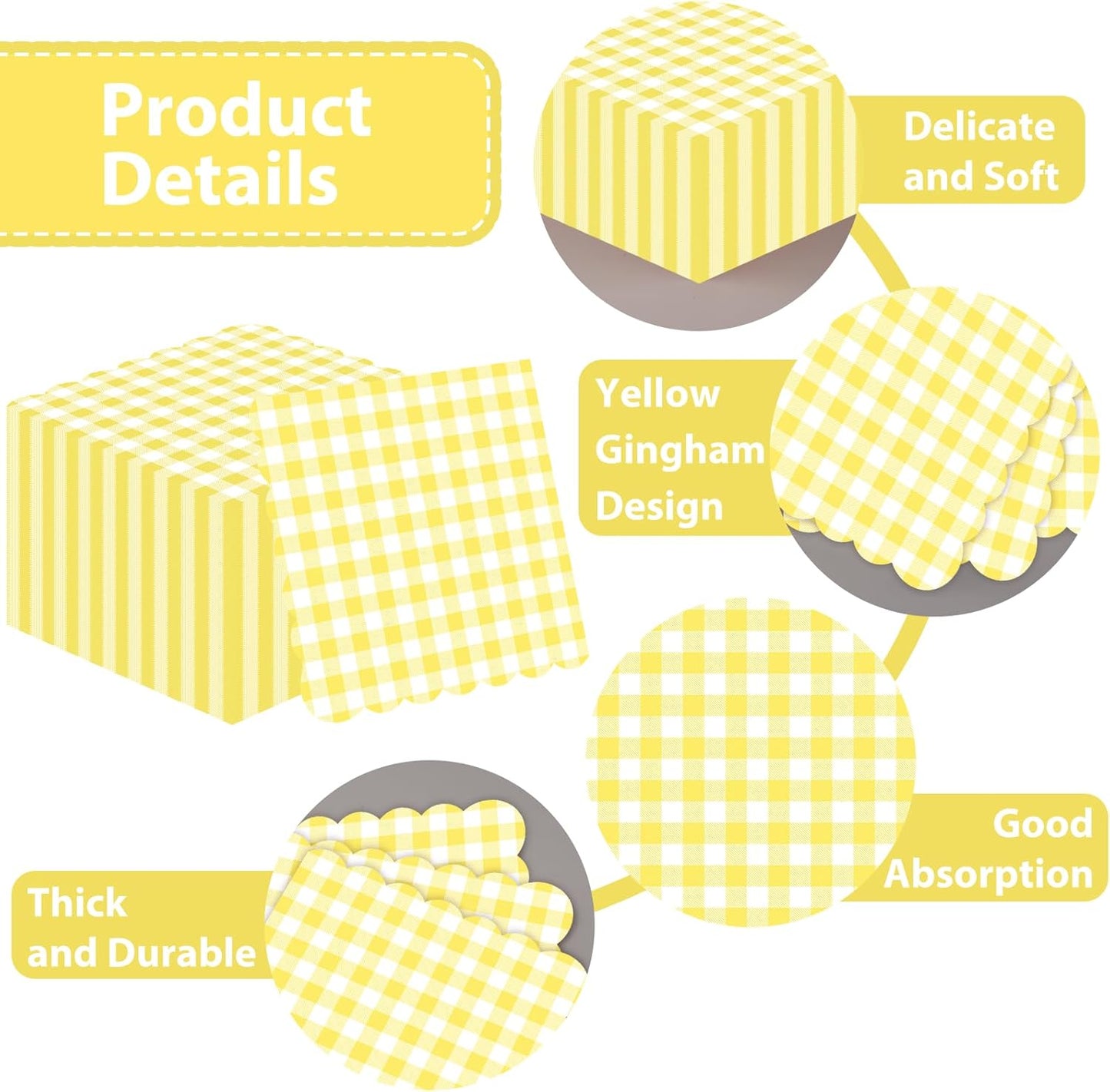 100 Pcs Yellow Gingham Napkins Disposable, 6.5 Inch Yellow and White Paper Napkins Scalloped Checkered Napkin for Picnic Golf Easter Birthday Wedding Party Supplies