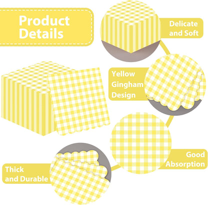 100 Pcs Yellow Gingham Napkins Disposable, 6.5 Inch Yellow and White Paper Napkins Scalloped Checkered Napkin for Picnic Golf Easter Birthday Wedding Party Supplies