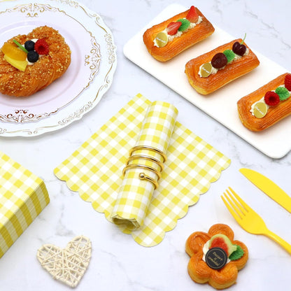 100 Pcs Yellow Gingham Napkins Disposable, 6.5 Inch Yellow and White Paper Napkins Scalloped Checkered Napkin for Picnic Golf Easter Birthday Wedding Party Supplies
