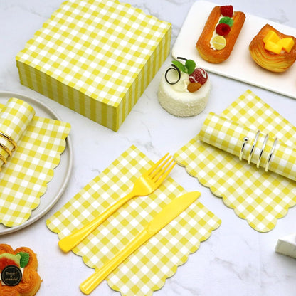 100 Pcs Yellow Gingham Napkins Disposable, 6.5 Inch Yellow and White Paper Napkins Scalloped Checkered Napkin for Picnic Golf Easter Birthday Wedding Party Supplies