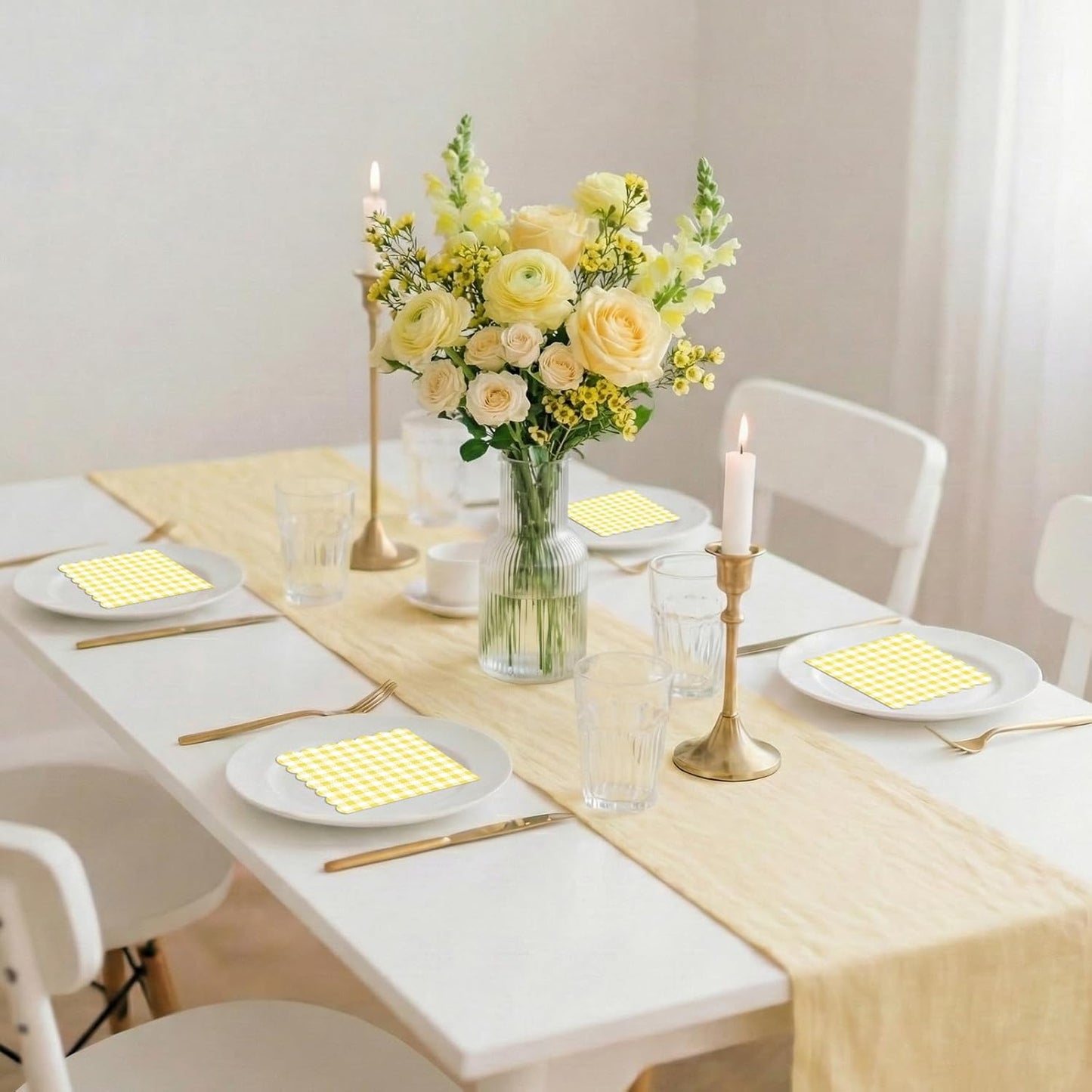 100 Pcs Yellow Gingham Napkins Disposable, 6.5 Inch Yellow and White Paper Napkins Scalloped Checkered Napkin for Picnic Golf Easter Birthday Wedding Party Supplies