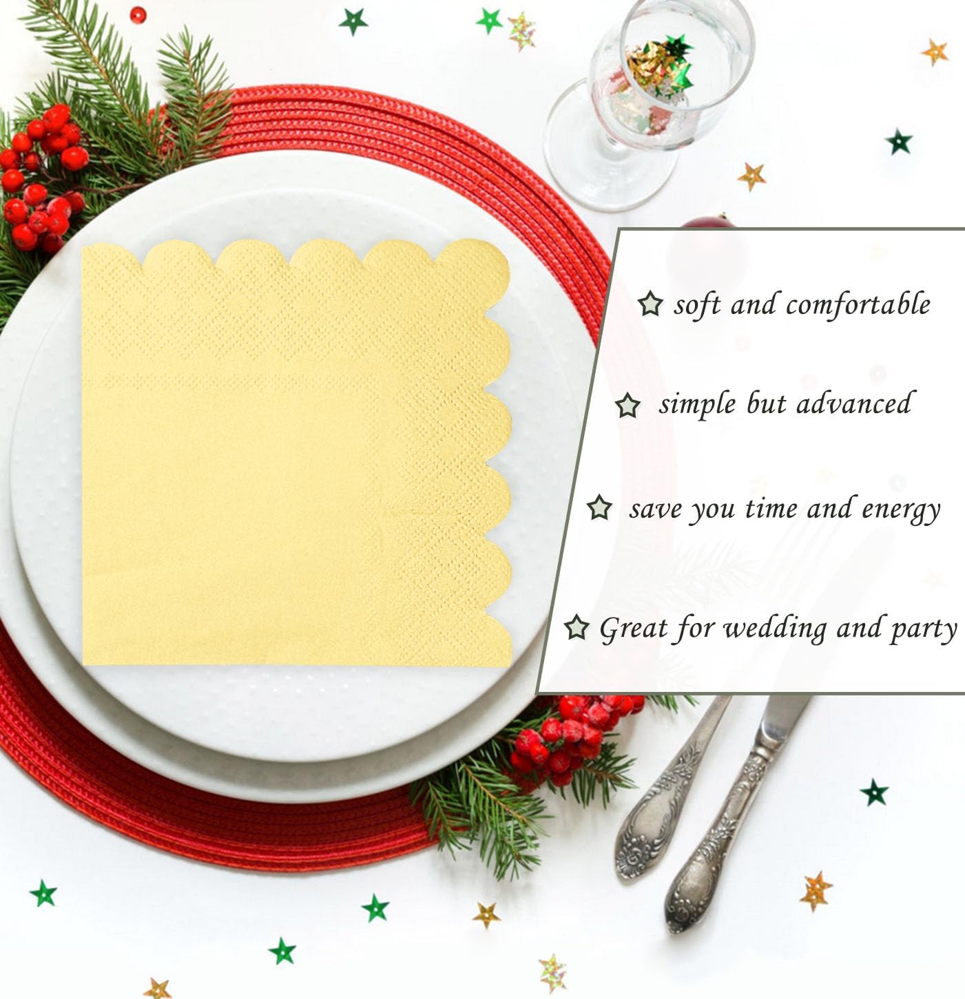100 Pieces 2-Ply Yellow Scalloped Napkins Folded 5 x 5 inch Disposable Cocktail Napkins Paper Napkins for Dinner Wedding Birthday Party Yellow Beverage Napkins