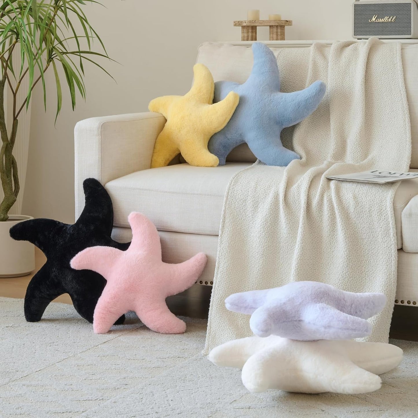 Starfish Pillow, 19.6" Cute Aesthetic Room Decor Accent Pillows, Yellow | Decorative Pillows Plush with Soft Faux Rabbit Fur for Couch, Bed, Seating, Bedroom, Living Room