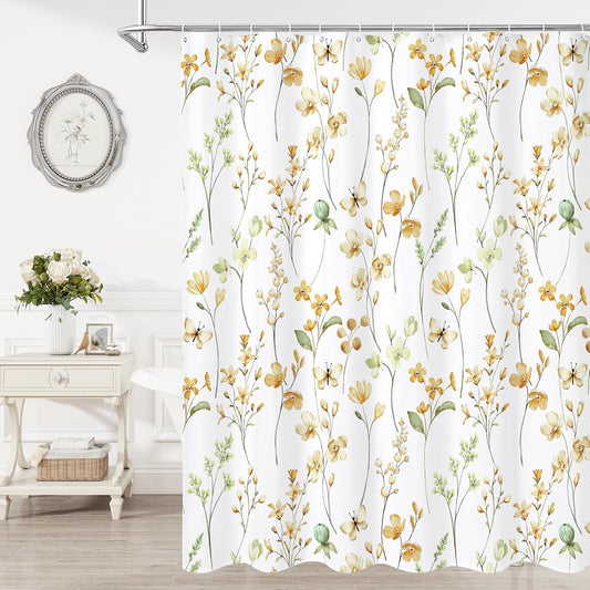 Litabel Watercolor Floral Shower Curtain, Yellow Butterfly Flower Shower Curtain for Bathroom, Modern Minimalist White Waterproof Fabric Shower Curtain Set, 72x72 Inch