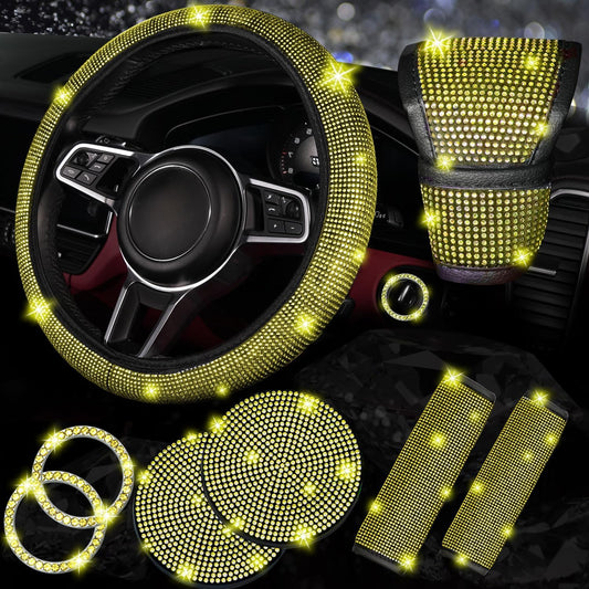 8 pcs Yellow Bling Car Accessories Set for Women, Steering Wheel Cover, Sparkly Seat Belt Covers, Bling Gear Shift Cover, Universal Fit Most Cars (Yellow Diamond)