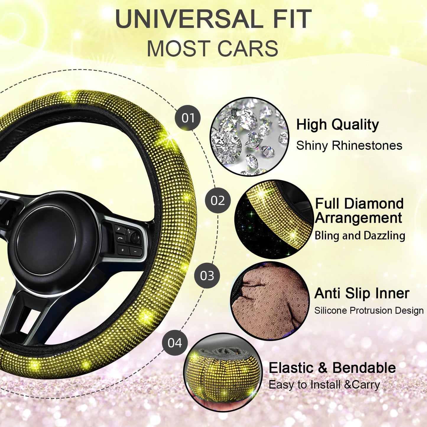 8 pcs Yellow Bling Car Accessories Set for Women, Steering Wheel Cover, Sparkly Seat Belt Covers, Bling Gear Shift Cover, Universal Fit Most Cars (Yellow Diamond)