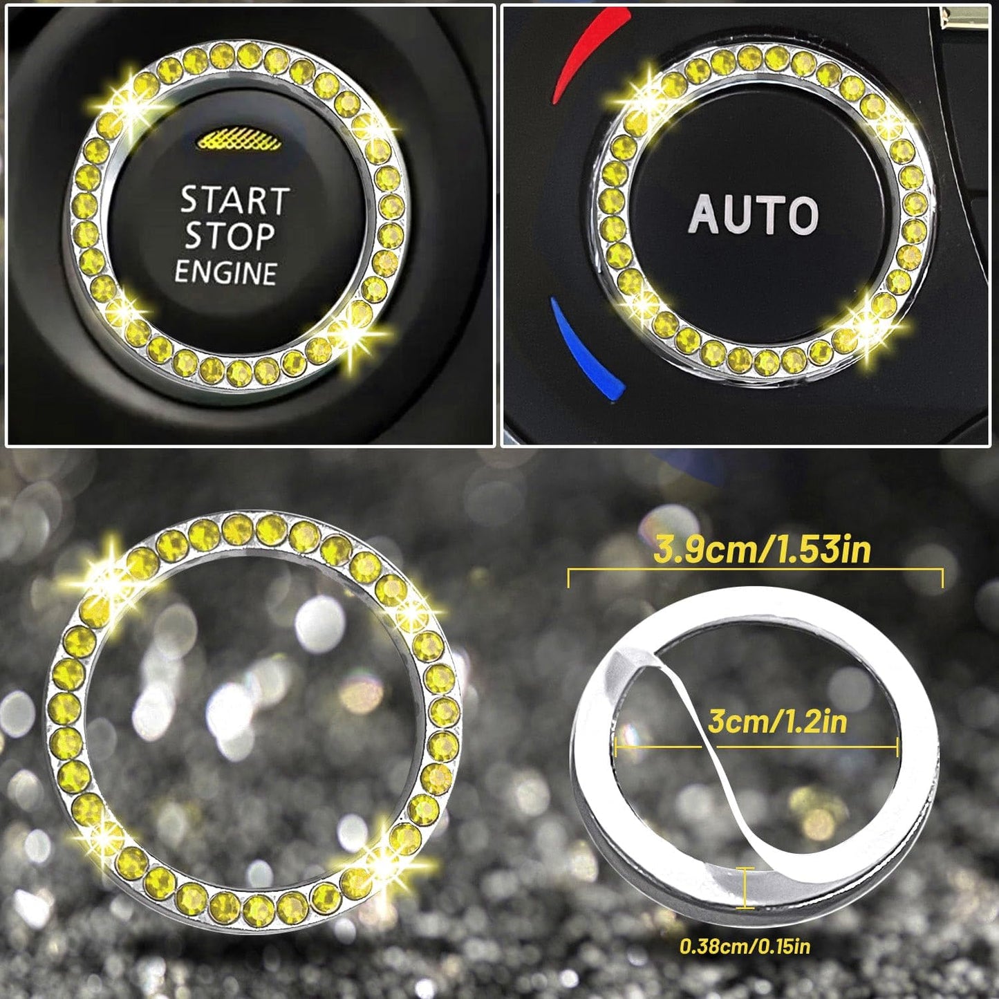 8 pcs Yellow Bling Car Accessories Set for Women, Steering Wheel Cover, Sparkly Seat Belt Covers, Bling Gear Shift Cover, Universal Fit Most Cars (Yellow Diamond)