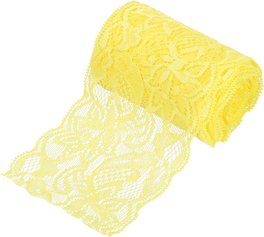 3 Inch 5Yard Elastic Lace Ribbon Floral Pattern Yellow | Wide Stretch Lace Trim Embroidered Fabric for Sewing Making, and DIY Crafts, Gift Wrapping, Bouquets, Wedding Decor