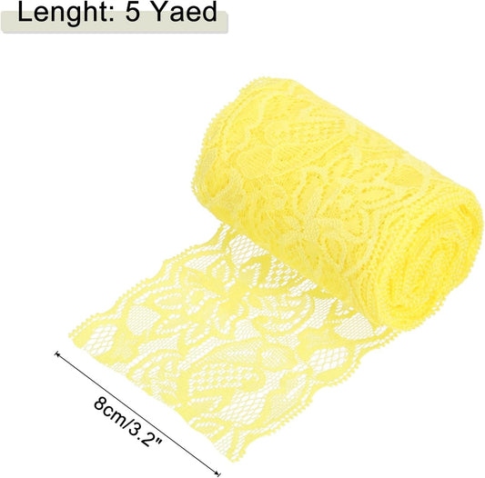 3 Inch 5Yard Elastic Lace Ribbon Floral Pattern Yellow | Wide Stretch Lace Trim Embroidered Fabric for Sewing Making, and DIY Crafts, Gift Wrapping, Bouquets, Wedding Decor