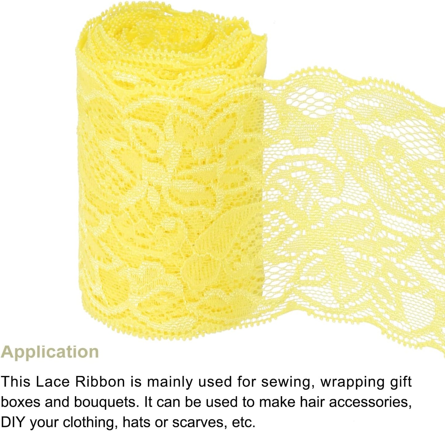 3 Inch 5Yard Elastic Lace Ribbon Floral Pattern Yellow | Wide Stretch Lace Trim Embroidered Fabric for Sewing Making, and DIY Crafts, Gift Wrapping, Bouquets, Wedding Decor