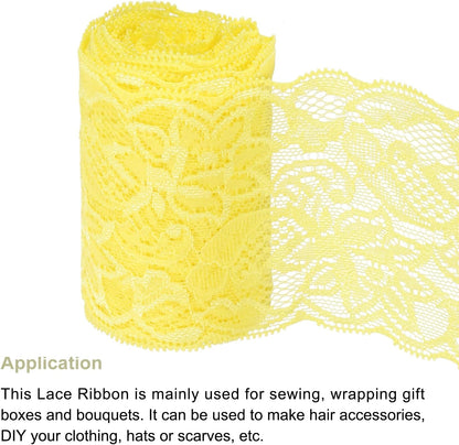 3 Inch 5Yard Elastic Lace Ribbon Floral Pattern Yellow | Wide Stretch Lace Trim Embroidered Fabric for Sewing Making, and DIY Crafts, Gift Wrapping, Bouquets, Wedding Decor