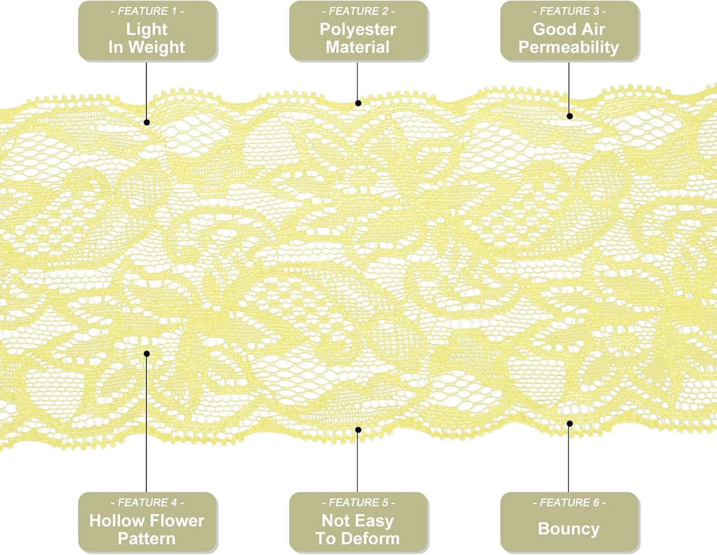 3 Inch 5Yard Elastic Lace Ribbon Floral Pattern Yellow | Wide Stretch Lace Trim Embroidered Fabric for Sewing Making, and DIY Crafts, Gift Wrapping, Bouquets, Wedding Decor