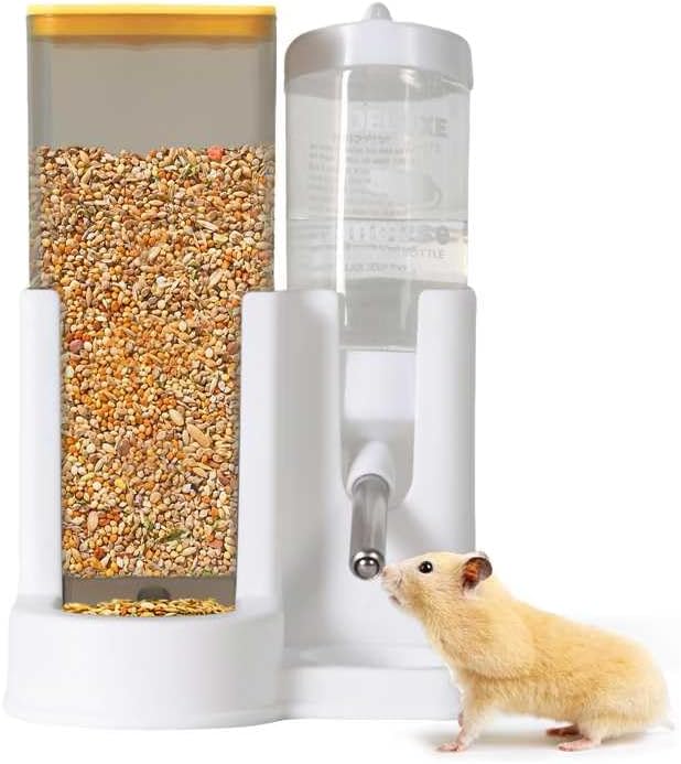 Hamster Water Bottle Standing Water Dispenser No Drip 2 in 1 Large Capacity Small Animal Automatic Food Bowl for Cage Accessories for Hamsters Gerbils Mice (Yellow, 5.91 in X 4.13 in X 4.33 in)