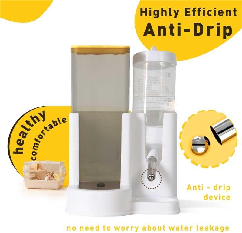 Hamster Water Bottle Standing Water Dispenser No Drip 2 in 1 Large Capacity Small Animal Automatic Food Bowl for Cage Accessories for Hamsters Gerbils Mice (Yellow, 5.91 in X 4.13 in X 4.33 in)