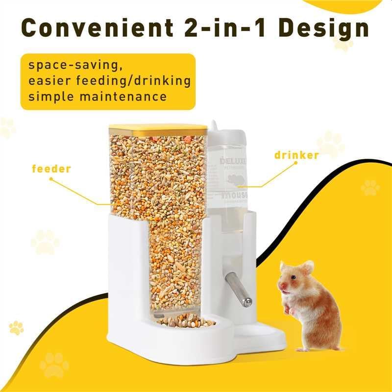 Hamster Water Bottle Standing Water Dispenser No Drip 2 in 1 Large Capacity Small Animal Automatic Food Bowl for Cage Accessories for Hamsters Gerbils Mice (Yellow, 5.91 in X 4.13 in X 4.33 in)