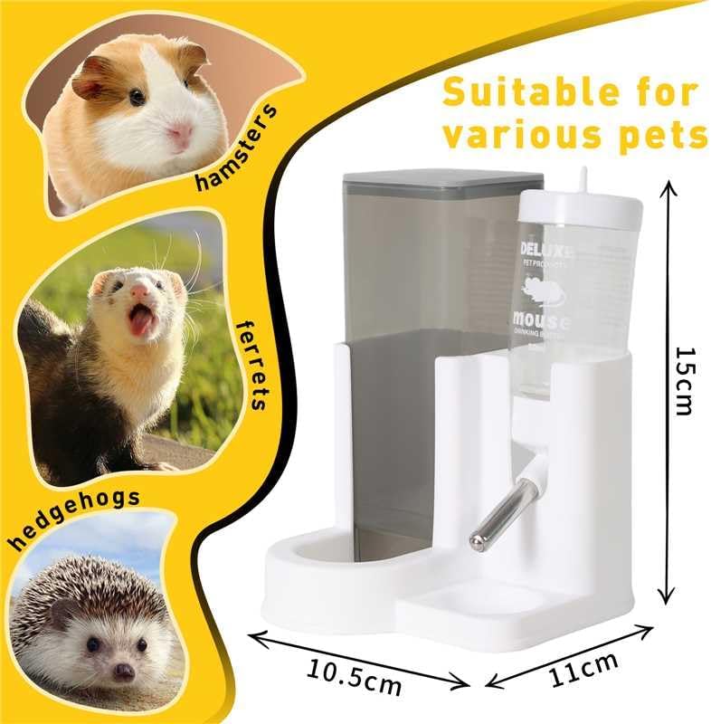 Hamster Water Bottle Standing Water Dispenser No Drip 2 in 1 Large Capacity Small Animal Automatic Food Bowl for Cage Accessories for Hamsters Gerbils Mice (Yellow, 5.91 in X 4.13 in X 4.33 in)