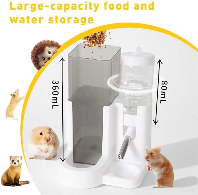 Hamster Water Bottle Standing Water Dispenser No Drip 2 in 1 Large Capacity Small Animal Automatic Food Bowl for Cage Accessories for Hamsters Gerbils Mice (Yellow, 5.91 in X 4.13 in X 4.33 in)