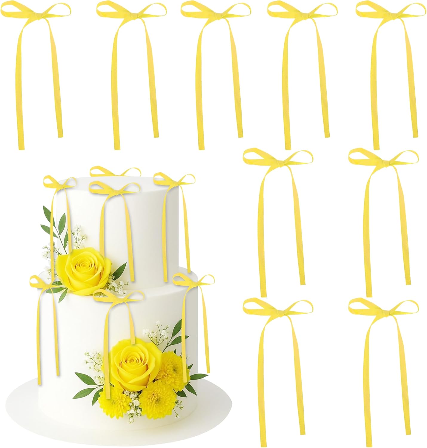 30 PCS Bow Cupcake Toppers Yellow Bowknot Ribbons Coquette Bow Girls Birthday Cake Decorations Bow Cake Toppers Bowknot Cupcake Picks for Wedding Bridal Birthday Baby Shower Party Supplies