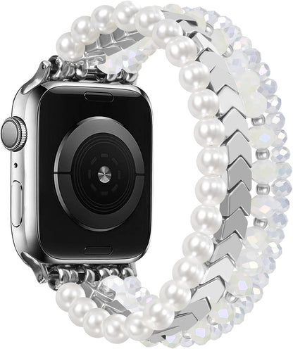 Beaded Bracelet Compatible with Apple Watch Band 38mm/40mm/41mm/42mm, Fashion Elastic Stretch Women Bands for iWatch Series 11/10/9/8/7/SE/6/5/4/3/2/1 iPhone Watch Strap Bands (White/Yellow)