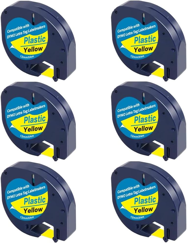 91332 Yellow Plastic Label Tape Compatible with Dymo LetraTag Refills | 1/2" x 13'(12mm x 4m) for Dymo Label Maker Refills Letra Tag 100H Plus 200B 100T QX50, Black on Yellow, 6Pack