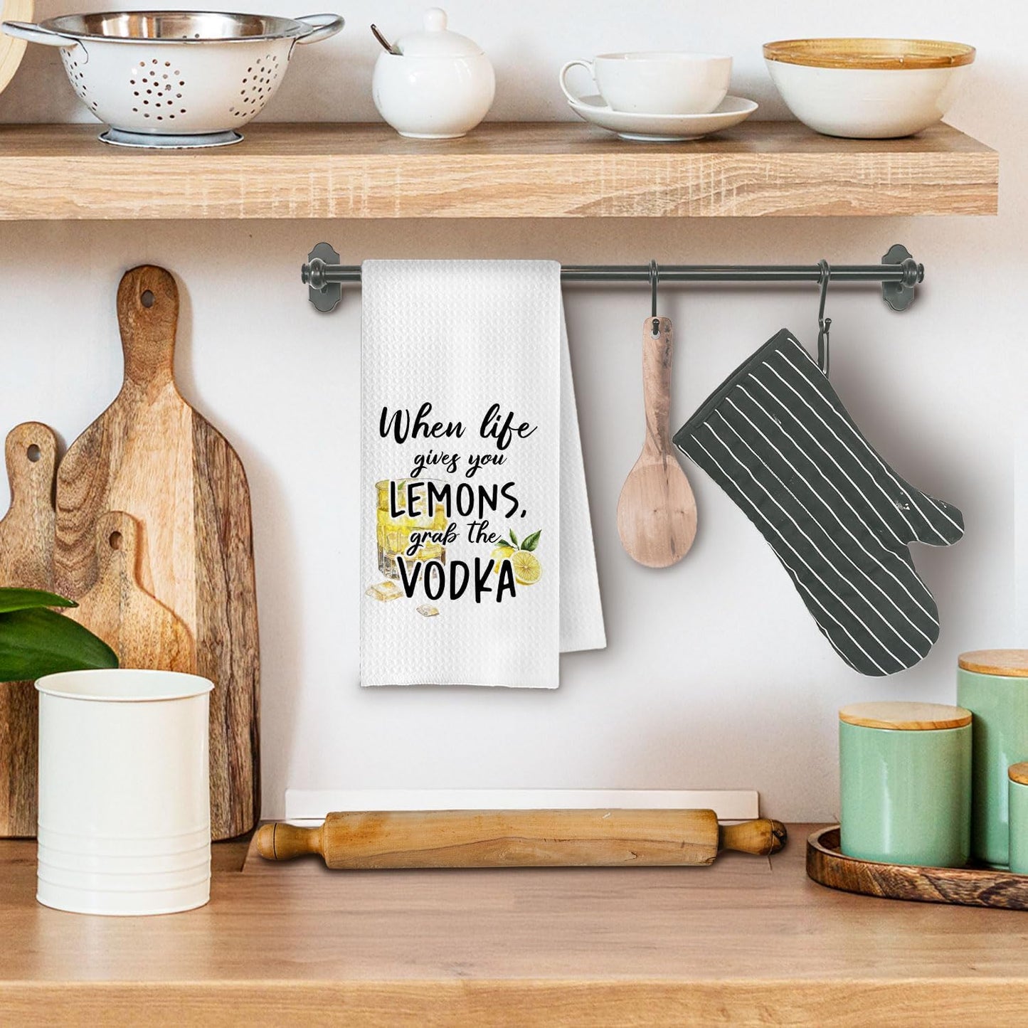 Funny Lemon Vodka Kitchen Towels, Gifts for Vodka Lovers Dish Tea Bar Towels for Kitchen Bar Cart Decor, When Life Gives You Lemons Decorative Hand Towels, 16x24 Inches