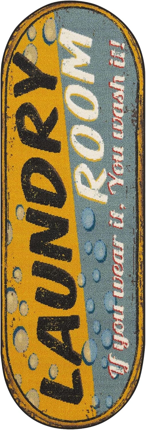 20" x 59" Oval Laundry Room Rug - Non-Slip Mat for Laundry & Mudroom - Durable, Stain-Resistant, and Easy to Clean - Perfect for High-Traffic Areas - Runner Rug for Entryway, Yellow/Gray