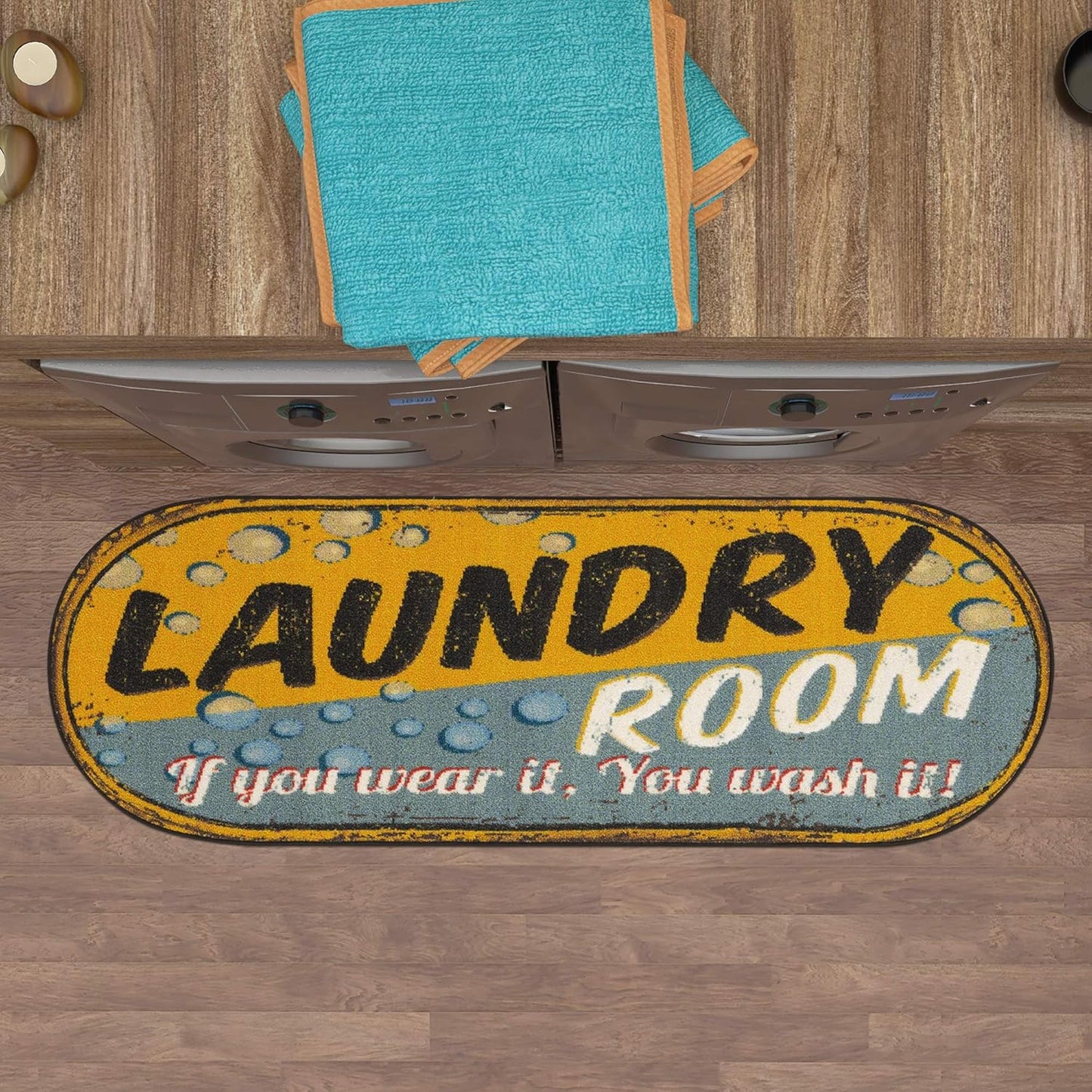 20" x 59" Oval Laundry Room Rug - Non-Slip Mat for Laundry & Mudroom - Durable, Stain-Resistant, and Easy to Clean - Perfect for High-Traffic Areas - Runner Rug for Entryway, Yellow/Gray