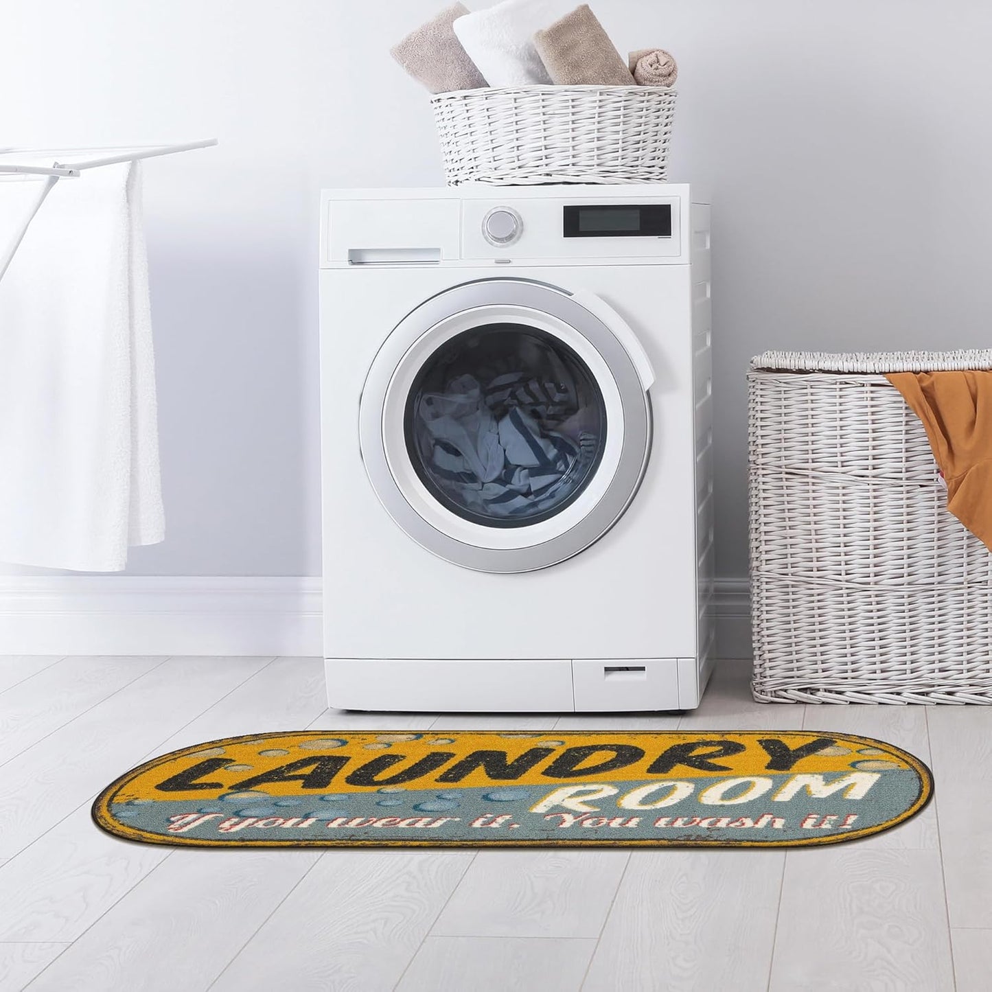 20" x 59" Oval Laundry Room Rug - Non-Slip Mat for Laundry & Mudroom - Durable, Stain-Resistant, and Easy to Clean - Perfect for High-Traffic Areas - Runner Rug for Entryway, Yellow/Gray