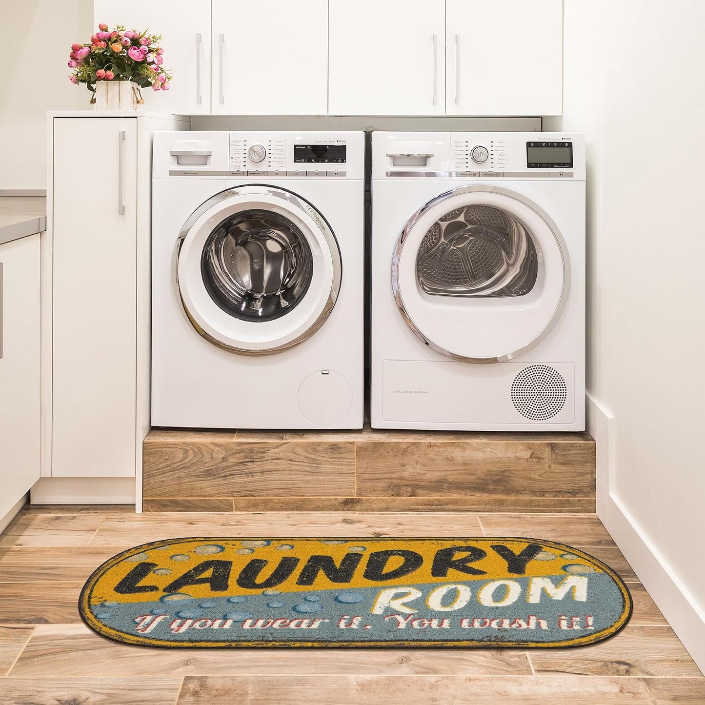 20" x 59" Oval Laundry Room Rug - Non-Slip Mat for Laundry & Mudroom - Durable, Stain-Resistant, and Easy to Clean - Perfect for High-Traffic Areas - Runner Rug for Entryway, Yellow/Gray