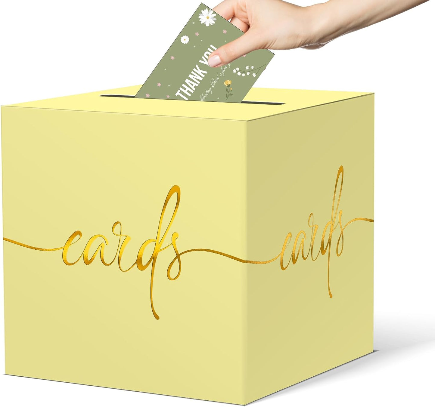 Light Yellow Card Box with Gold Foil Design, Paperboard 8.7" Gift Card Holder for Wedding Graduation Birthday Party Reception Retirement Anniversary Bridal & Baby Shower