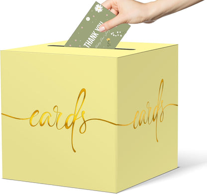 Light Yellow Card Box with Gold Foil Design, Paperboard 8.7" Gift Card Holder for Wedding Graduation Birthday Party Reception Retirement Anniversary Bridal & Baby Shower