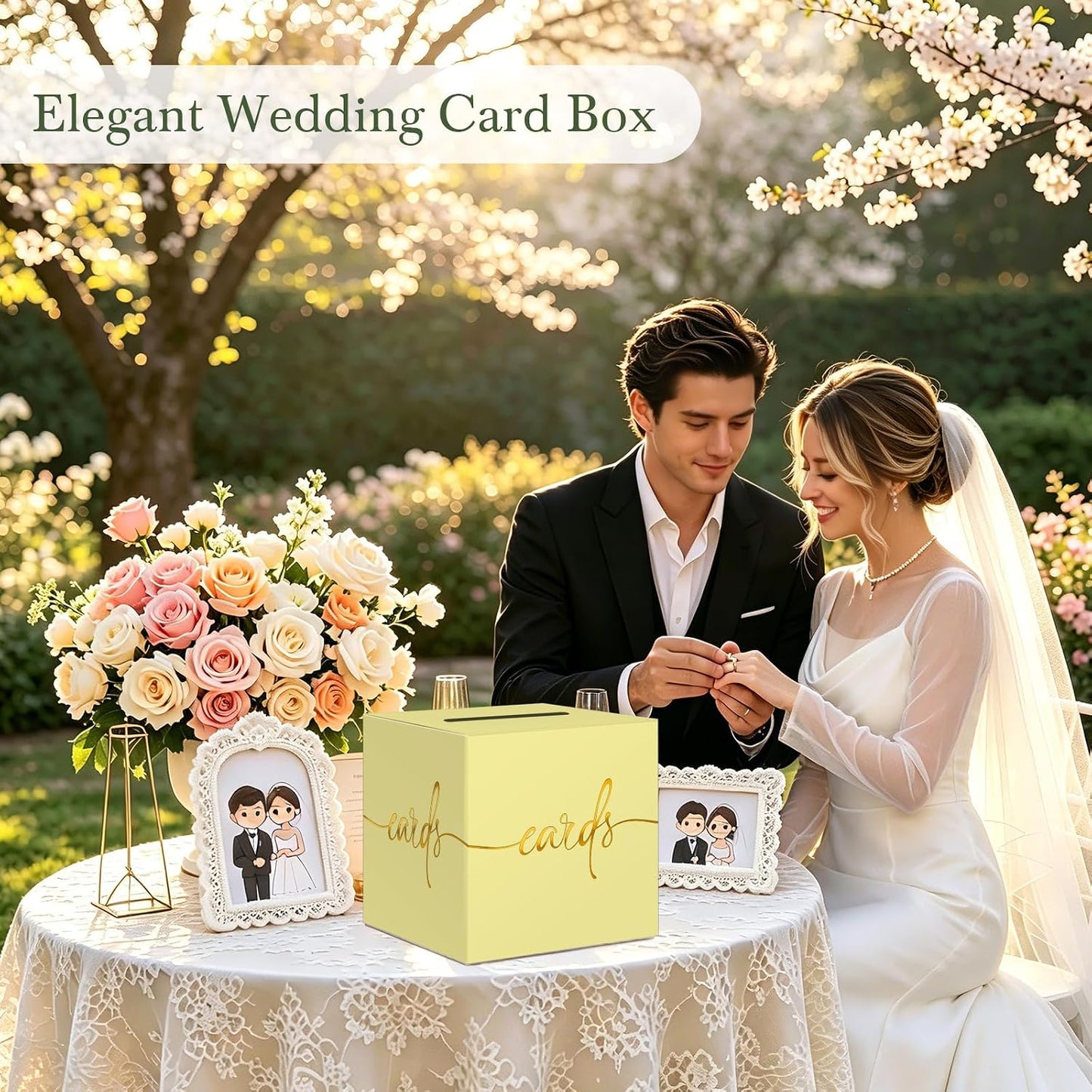 Light Yellow Card Box with Gold Foil Design, Paperboard 8.7" Gift Card Holder for Wedding Graduation Birthday Party Reception Retirement Anniversary Bridal & Baby Shower