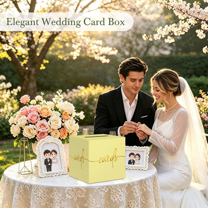 Light Yellow Card Box with Gold Foil Design, Paperboard 8.7" Gift Card Holder for Wedding Graduation Birthday Party Reception Retirement Anniversary Bridal & Baby Shower