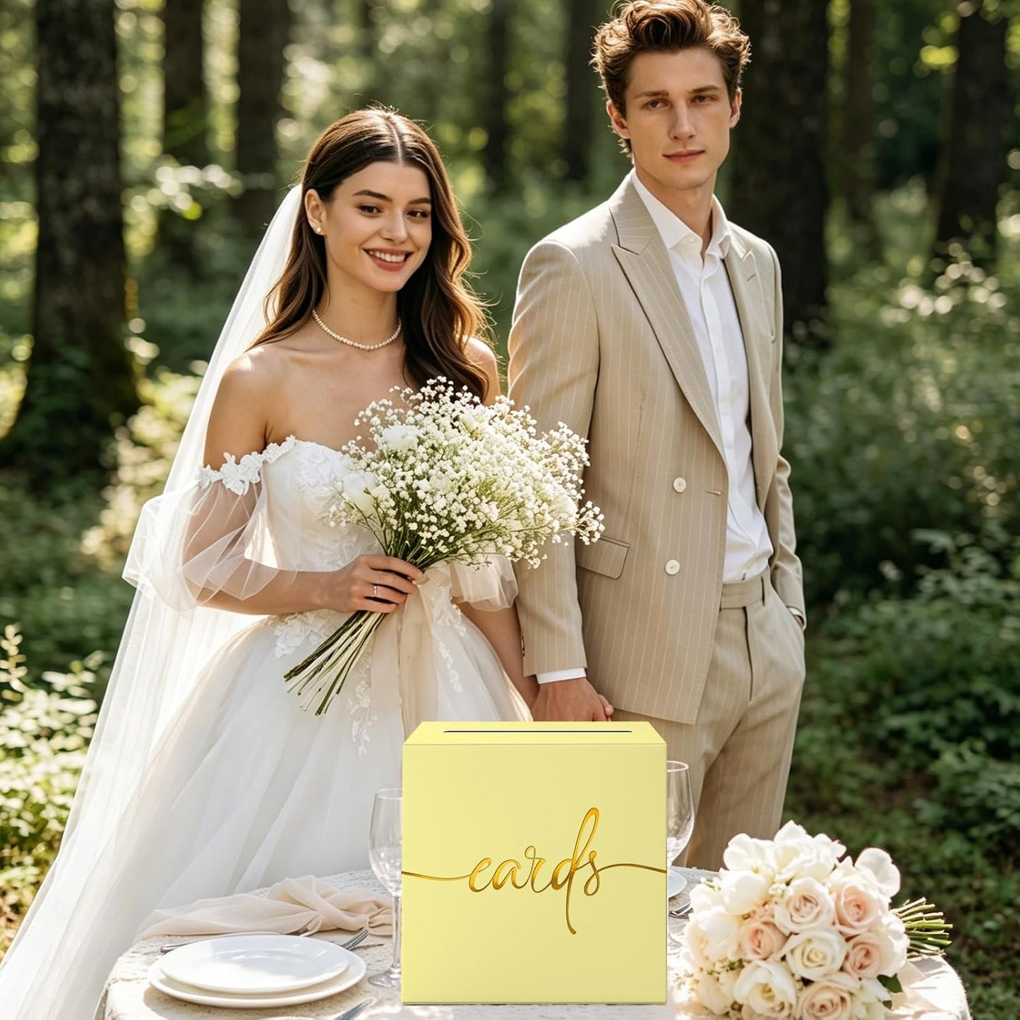 Light Yellow Card Box with Gold Foil Design, Paperboard 8.7" Gift Card Holder for Wedding Graduation Birthday Party Reception Retirement Anniversary Bridal & Baby Shower