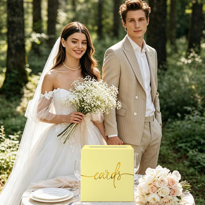 Light Yellow Card Box with Gold Foil Design, Paperboard 8.7" Gift Card Holder for Wedding Graduation Birthday Party Reception Retirement Anniversary Bridal & Baby Shower