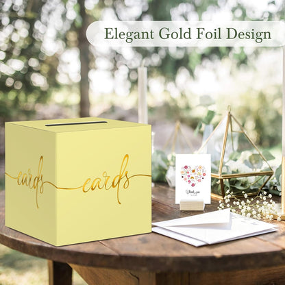 Light Yellow Card Box with Gold Foil Design, Paperboard 8.7" Gift Card Holder for Wedding Graduation Birthday Party Reception Retirement Anniversary Bridal & Baby Shower