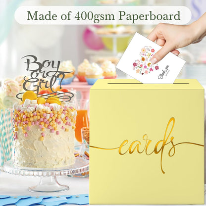 Light Yellow Card Box with Gold Foil Design, Paperboard 8.7" Gift Card Holder for Wedding Graduation Birthday Party Reception Retirement Anniversary Bridal & Baby Shower