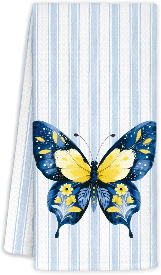 Yellow Floral Butterfly Kitchen Towels, Cottage Core Flower Botanical Butterfly Decorative Blue Striped Hand Dish Tea Towels for Bathroom Kitchen, 16x24 Inches